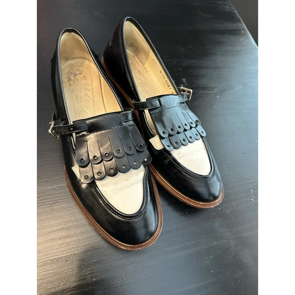 Vtg Robert Clergerie Paris Tassel Black White Patent Leather Shoes Loafers 37 -7